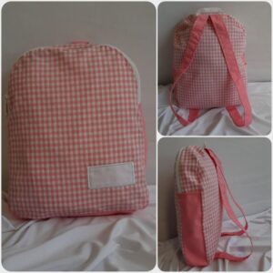 varias fotos de mochila rosa y blanca